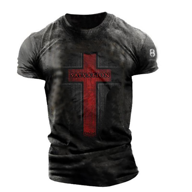 Round Neck Mens Cross Print T-shirt-Compassnice®