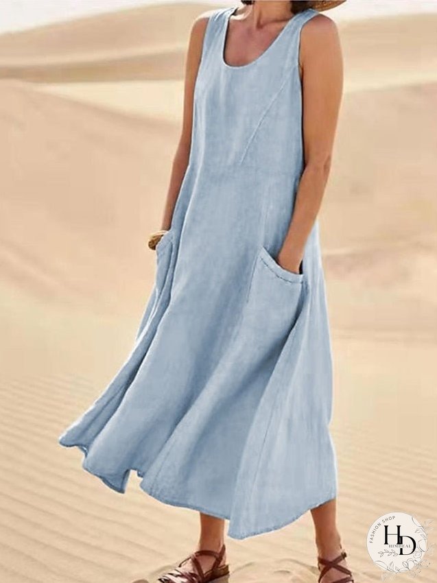 Casual Dress Cotton Dress Shift Dress Midi Dress Blue Pink Khaki Sleeveless Pure Color Pocket Spring Summer Crew Neck Basic Daily Vacation Weekend Loose Fit S M L XL XXL for Women