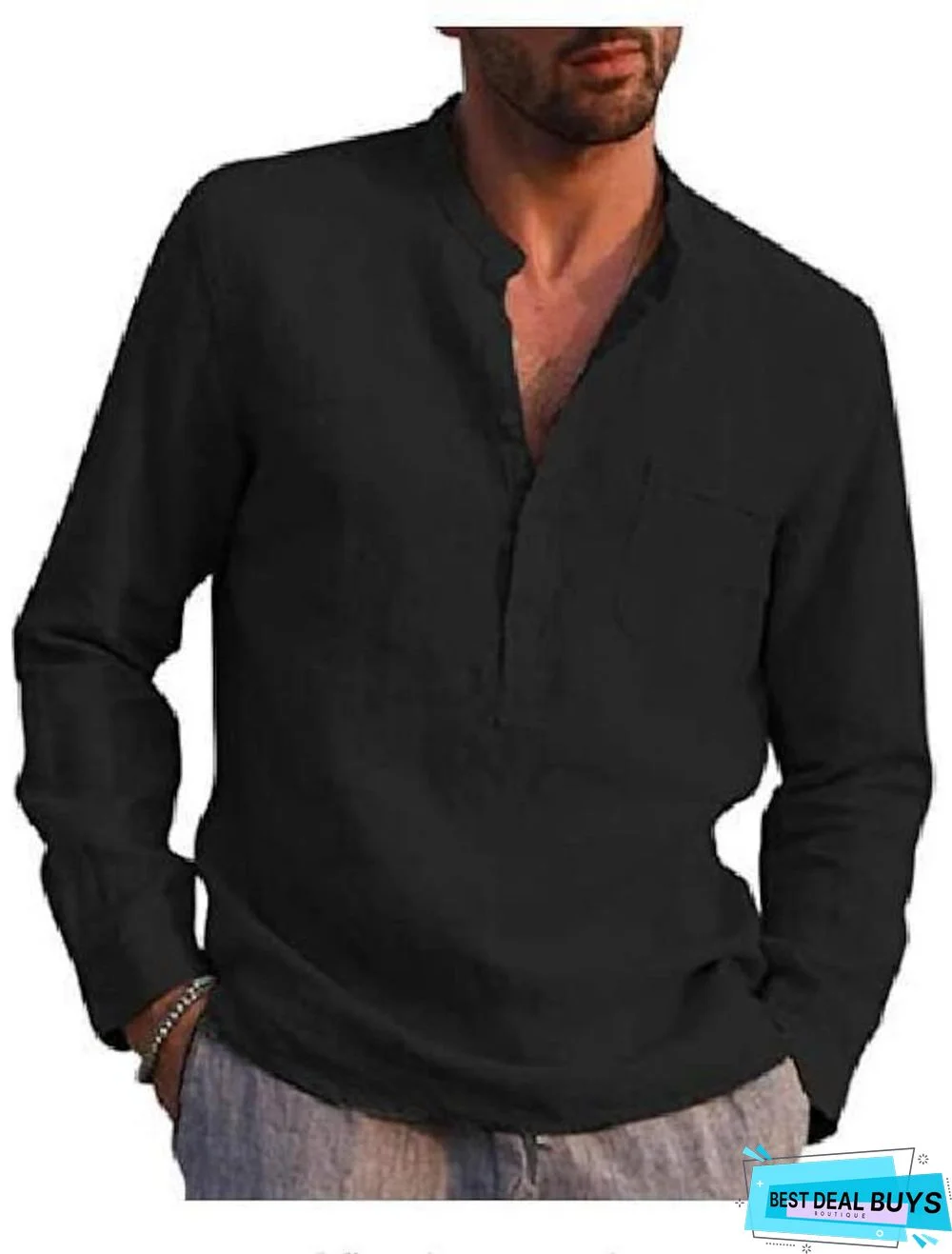 Men's Shirt Solid Color Pocket Long Sleeve Street Tops Cotton Casual Breathable Daily Henley V Neck Light Blue Wine Red Gray / Beach Linen