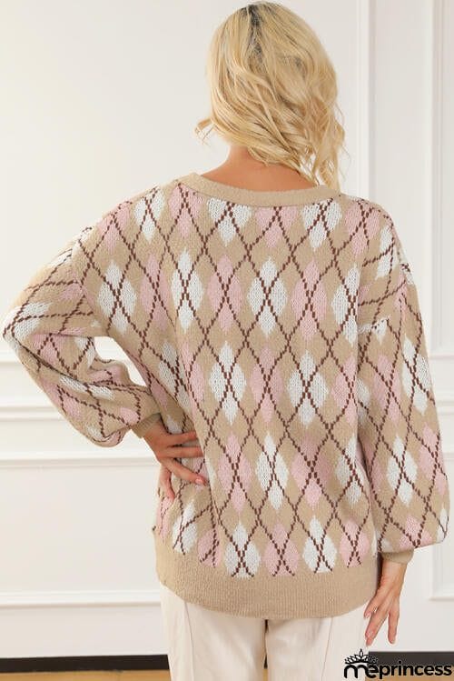 Button Up Geometric Dropped Shoulder Cardigan