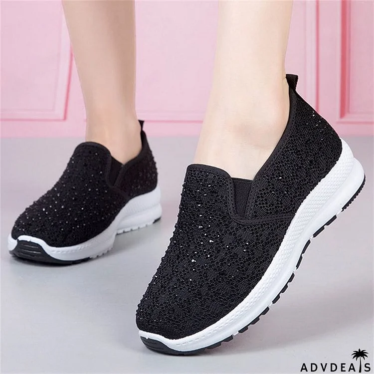 Shinny Rhinestone Thick Sole Slip On Walking Loafers for Women