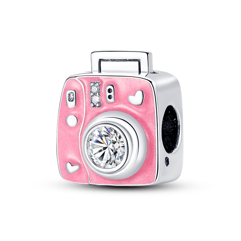 Genuine 925 Sterling Silver Pink camera Beads for Original Bracelet Charms Fine Jewelry Accessories KTC039