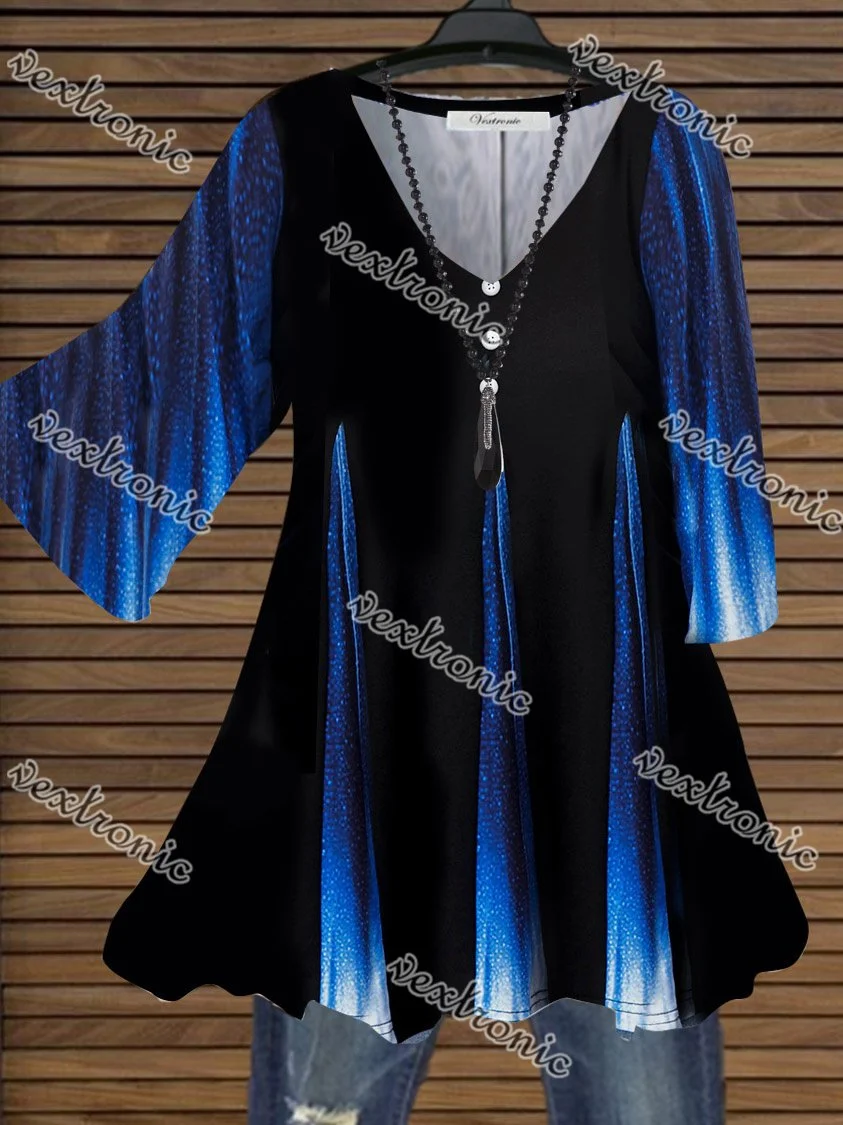Women Blue Half Sleeve V-neck Colorblock Graphic Printed Top