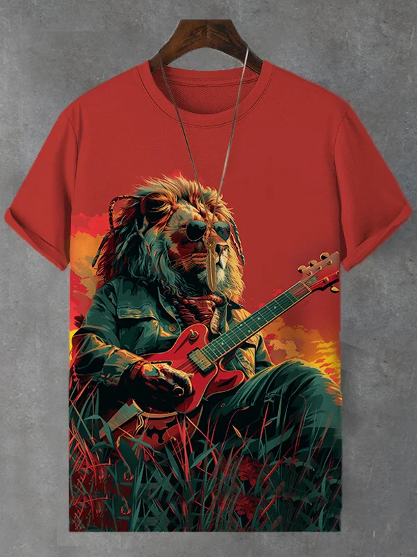 Men's African Sweetveld Reggae Lion Guitar Print Casual T-Shirt