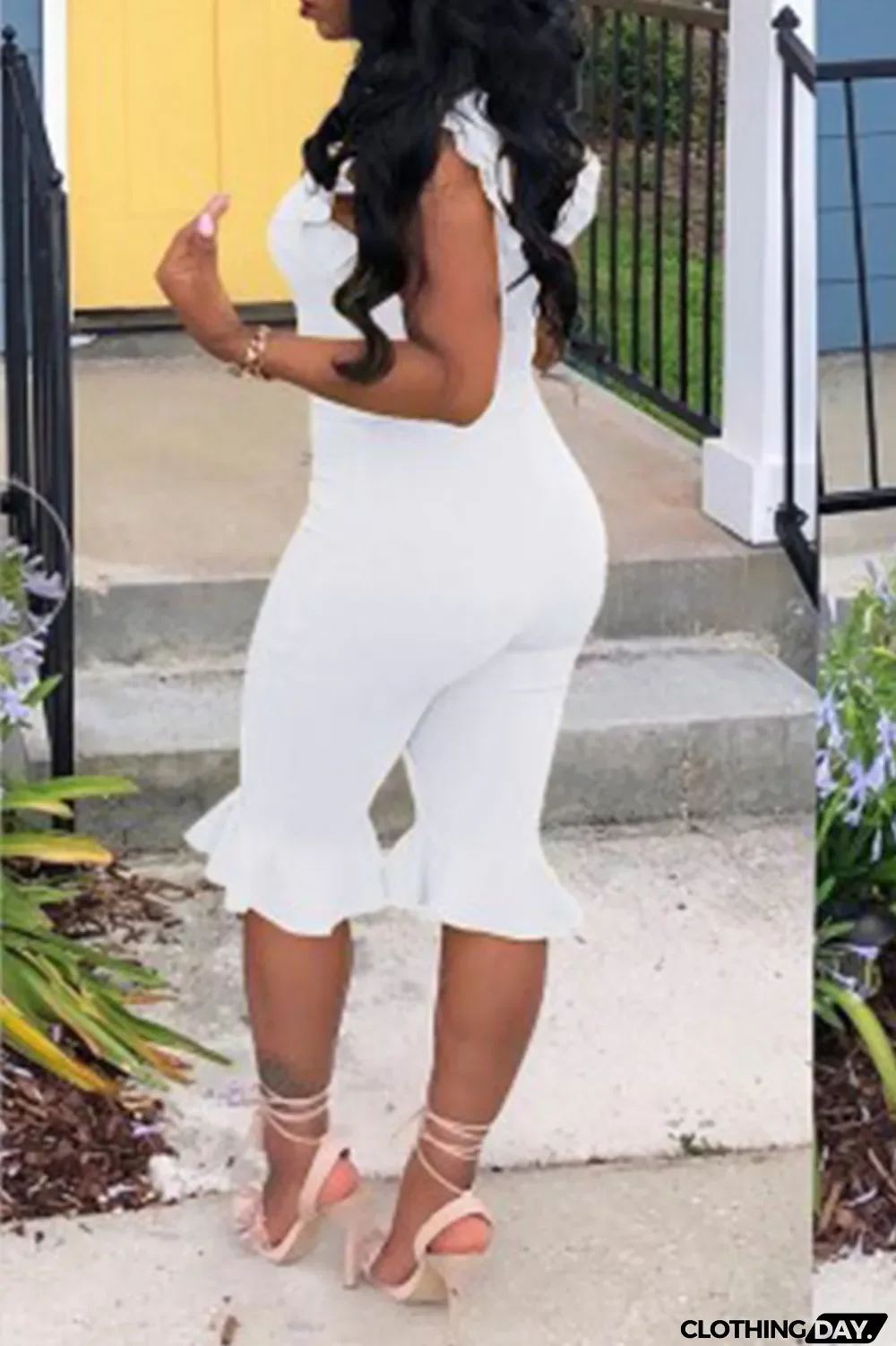 Red Casual Solid Flounce O Neck Regular Jumpsuits