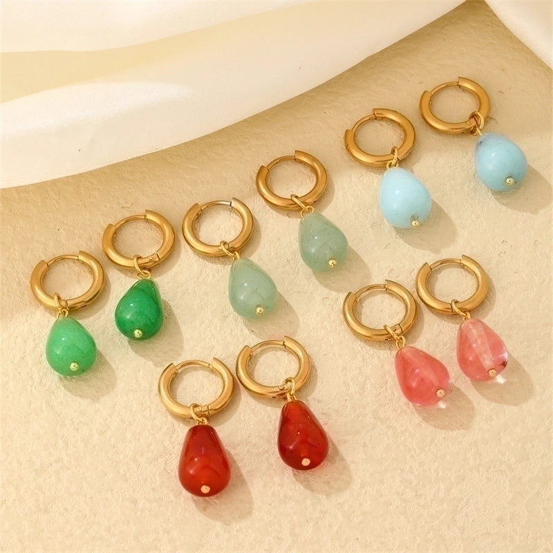 1 Pair Casual Minimalist Water Droplets Plating 304 Stainless Steel Natural Stone K Gold Plated Drop Earrings