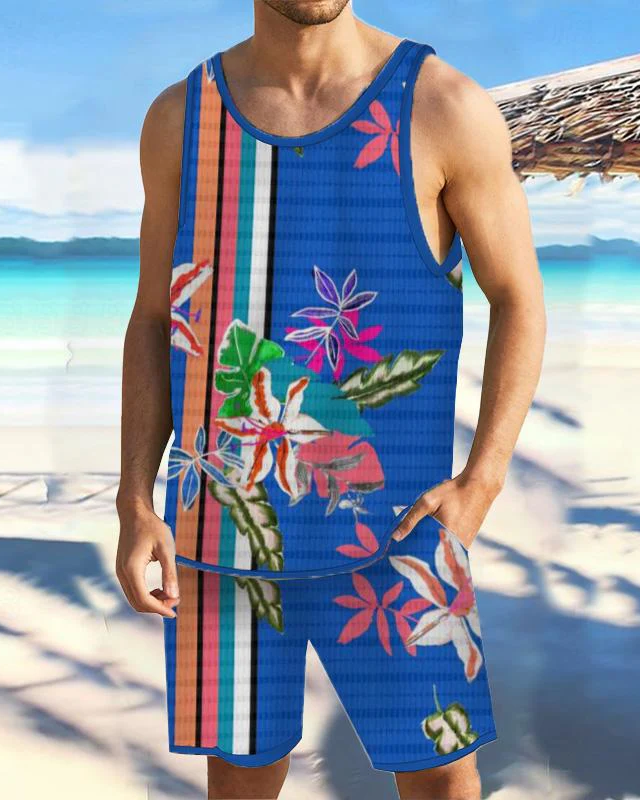 Men's Casual Resort Striped Printed Vest Set 035