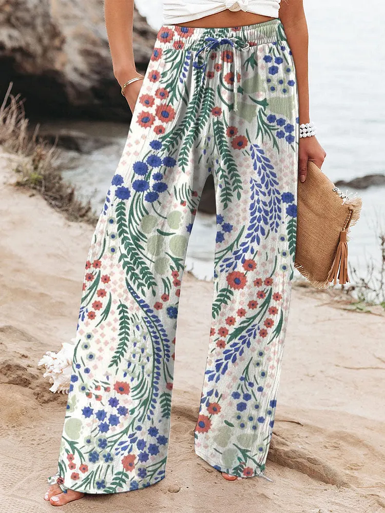 Women's  Vintage Flowers Art  Printed Cotton And Linen Casual Pants