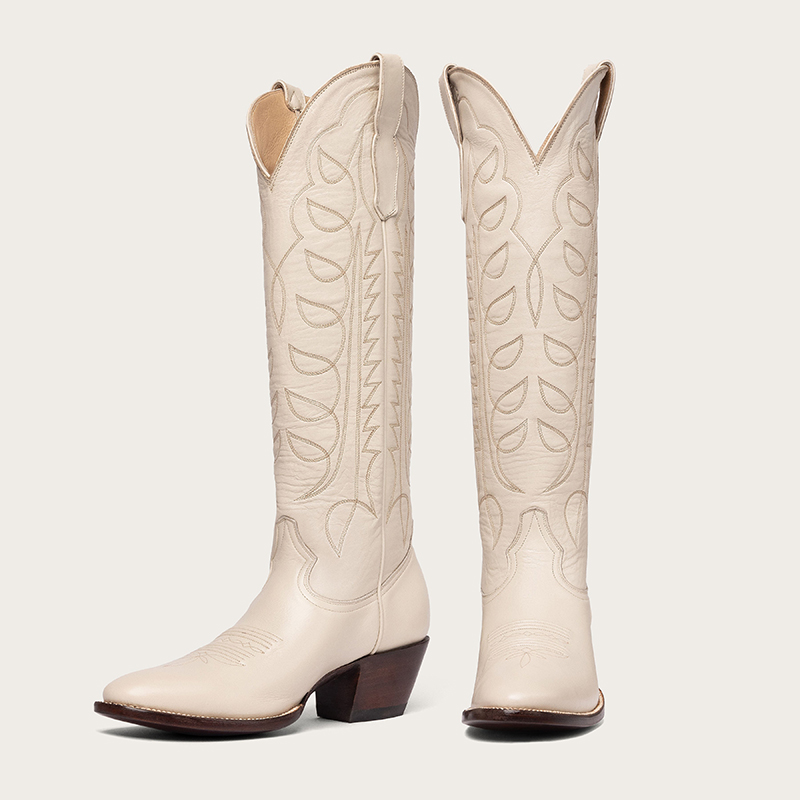 Beige Pointed Toe Block Heel Wide Calf Knee High Cowgirl Boots Nicepairs