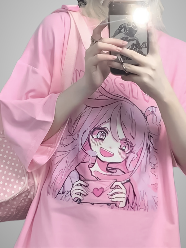 Y2K Sweet Girl Cartoon Printed Pullover Half Sleeve Crew Collar Sweatshirt