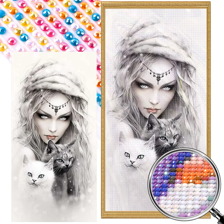 Partial AB Drill - Full Round Diamond Painting - Girl And Cat 40*80CM