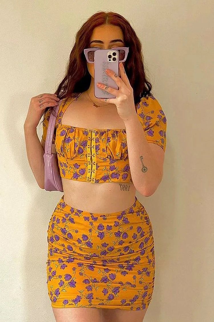 Yellow Floral Ruched Mini Skirt Katch Me