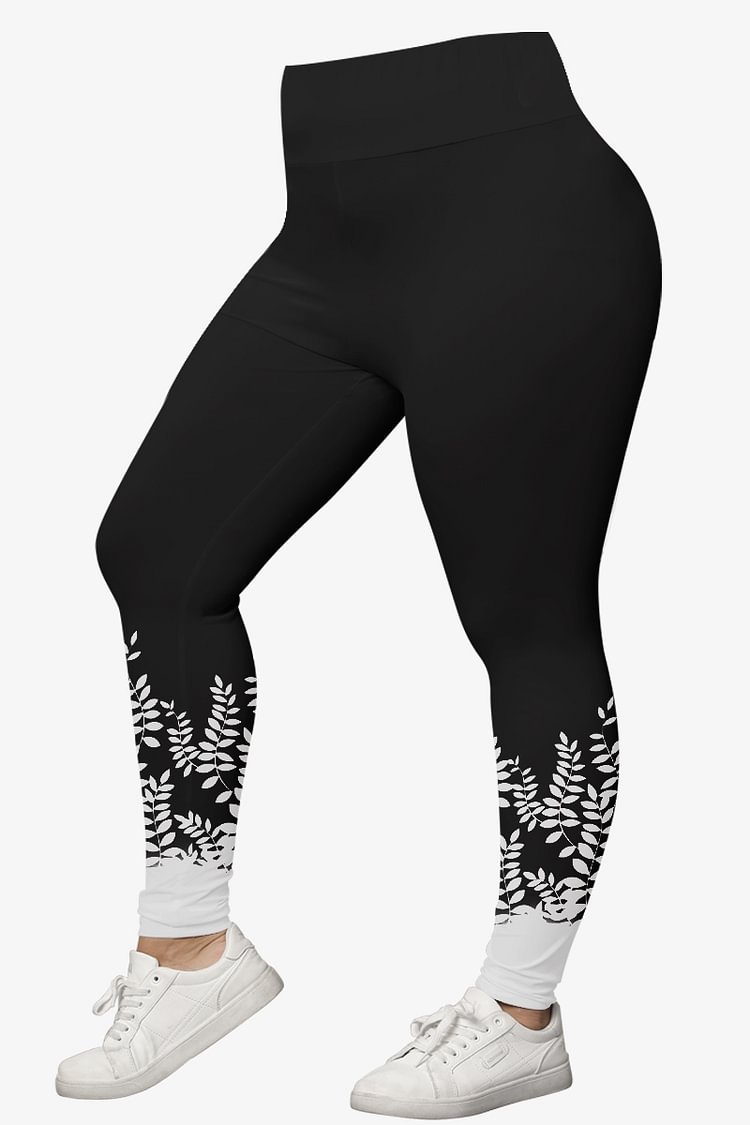 Flycurvy Plus Size Casual Black Ombre Leaves Print Legging  flycurvy [product_label]