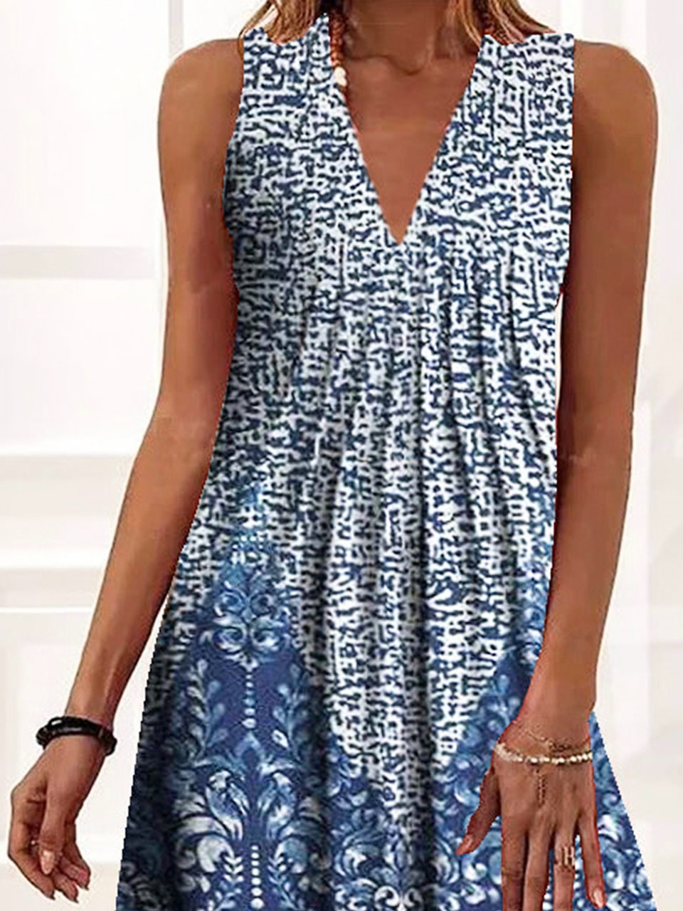 White Tribal Print Mini Dress Boho V-Neck main image 0