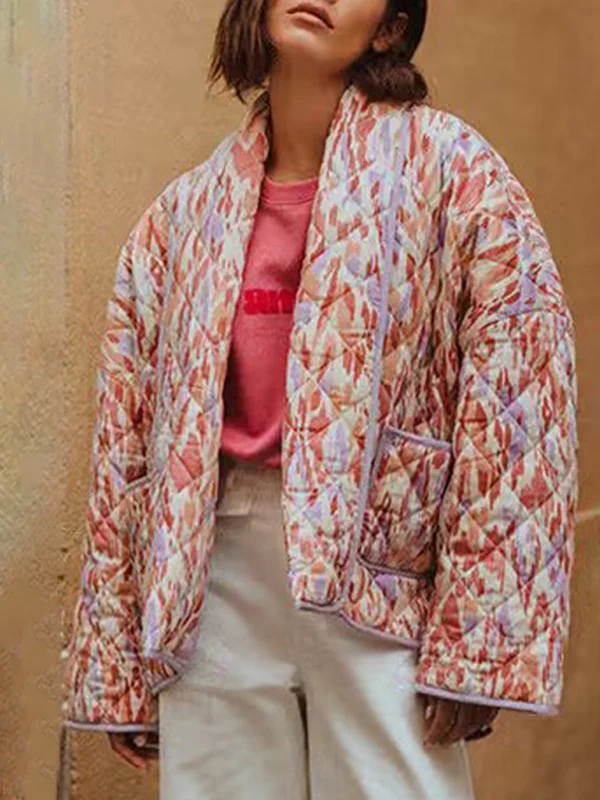 New retro loose long-sleeved versatile printed quilted cotton jacket Flusfy