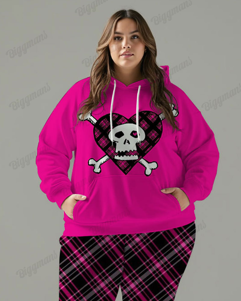 Women's Street Fashion Vintage Heart Skull Print Big & Tall Hoodie Set