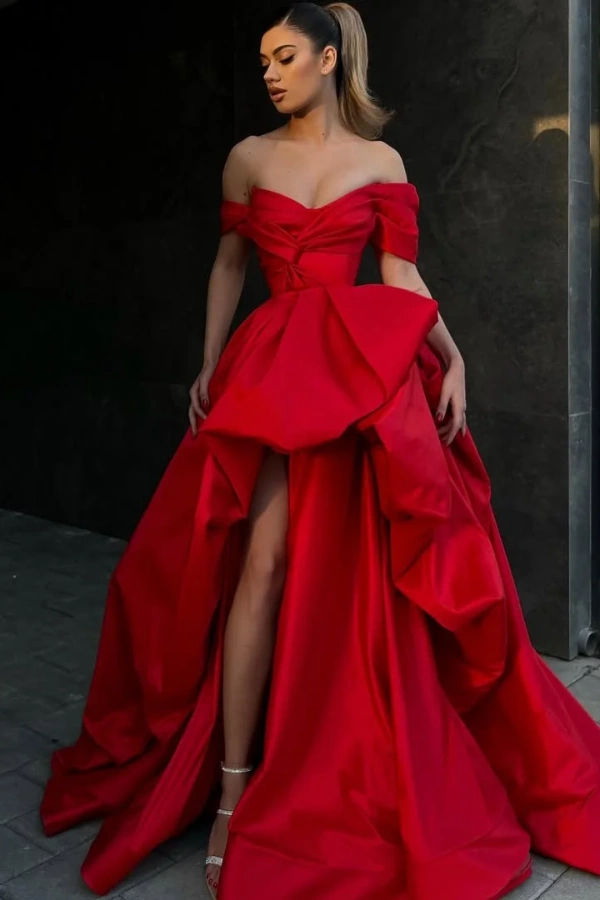 Royal Red Sleeveless Strapless Off-Shoulders V-Neck A-Line Prom Dress ZC0425