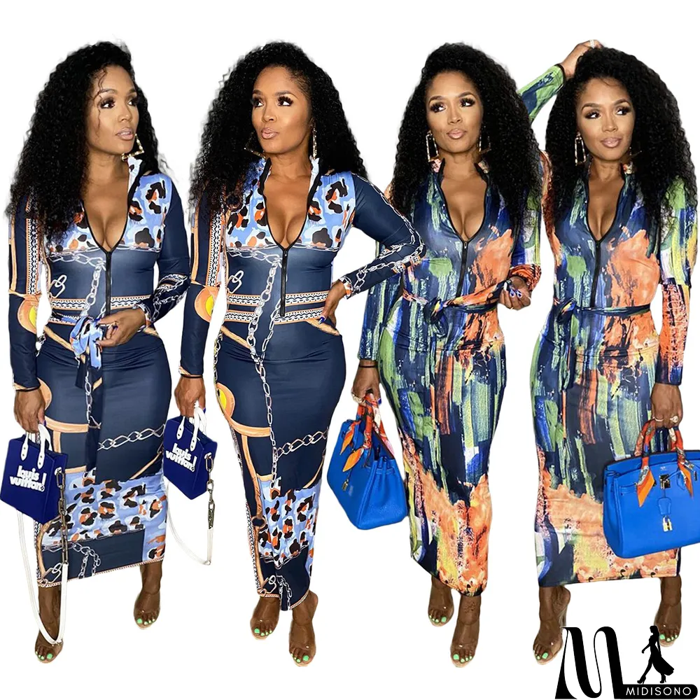 MidiSono - Women's Zip-Up Print Midi Dress (with Belt)