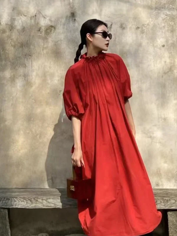 Vacation Loose Red Elastic Neck Folds Puff Sleeve Dress