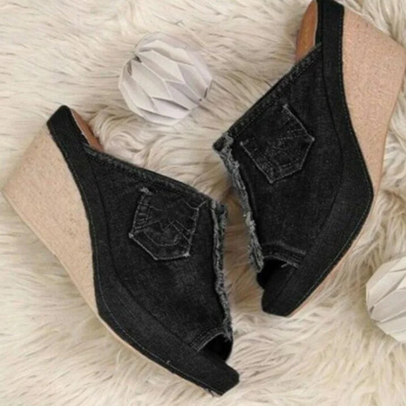 New Brand Hot Women's High Heels Fashion Denim Slippers Women Wedge Heel Toe Platform Shoes Large Size 35-43 Zapatos De Mujer