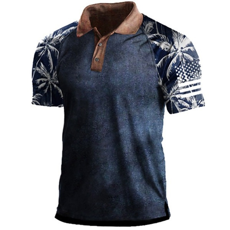 Men's Outdoor Color Blocking Coconut Pattern Printed Polo Shirt