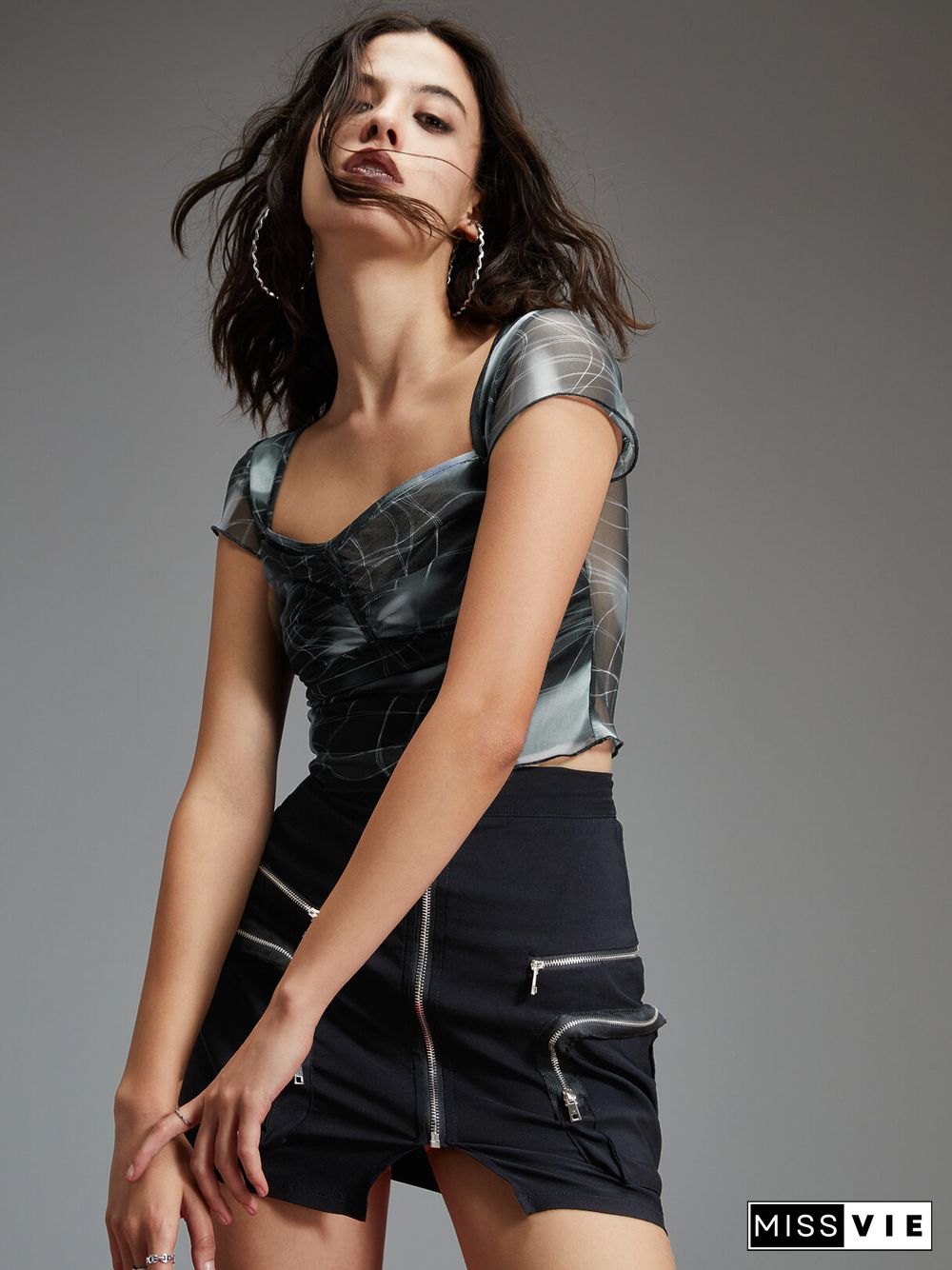 Print Lettuce Trim Short Sleeve Sqaure Collar Crop Top