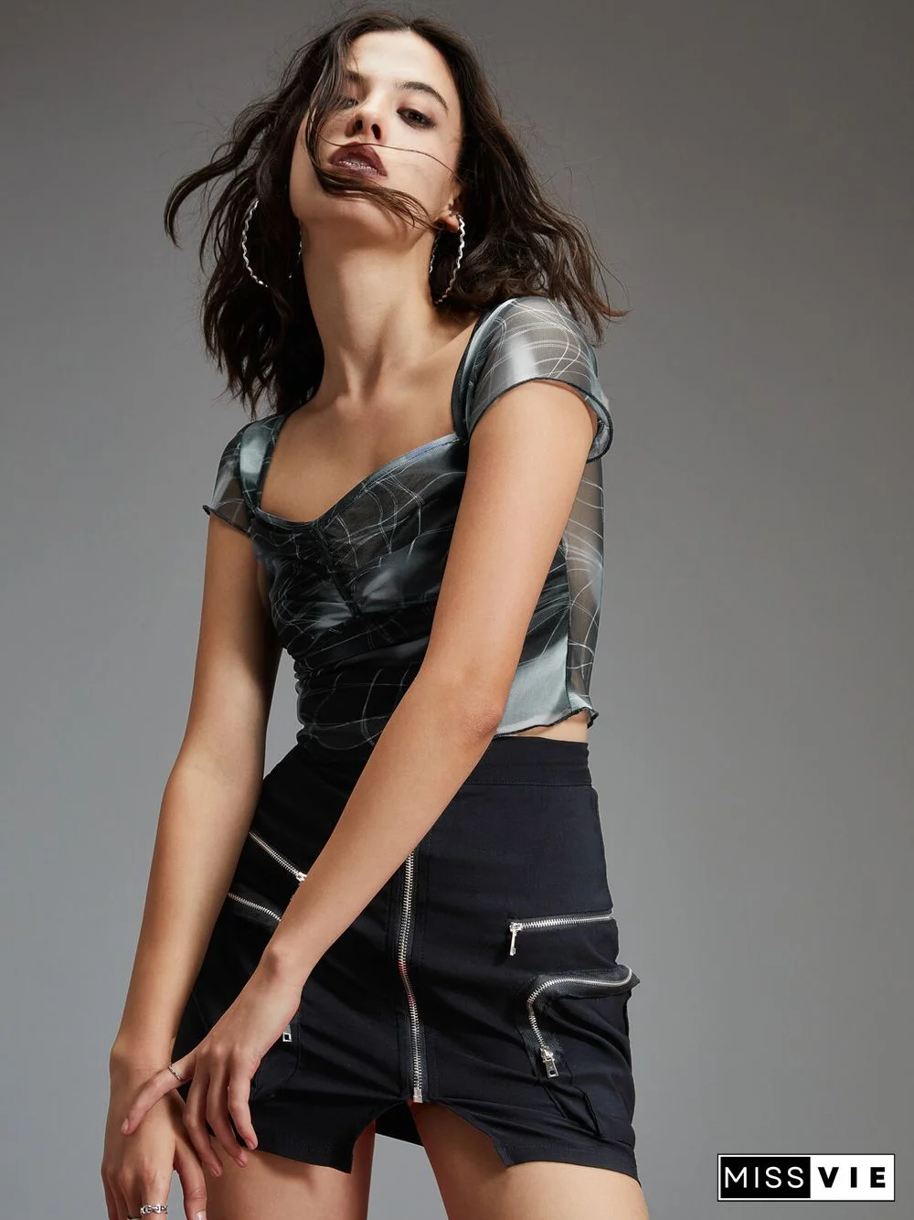 Print Lettuce Trim Short Sleeve Sqaure Collar Crop Top