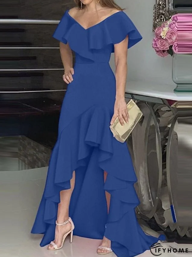Party Dress Maxi long Dress Green Black Wine Fuchsia Dark Blue Short Sleeve Pure Color Ruffle Plus High Low Fall Spring V Neck Elegant Formal Party S M L XL XXL 3XL 4XL 5XL for Women | IFYHOME