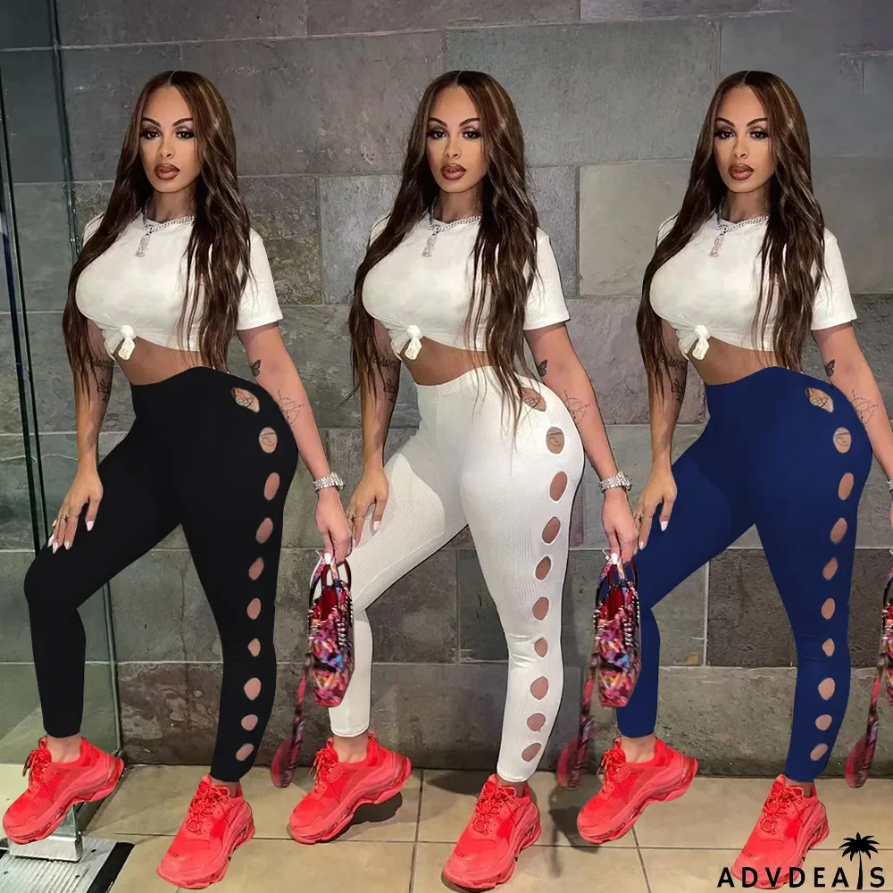 Solid Sexy Hole Skinny Pencil Pants