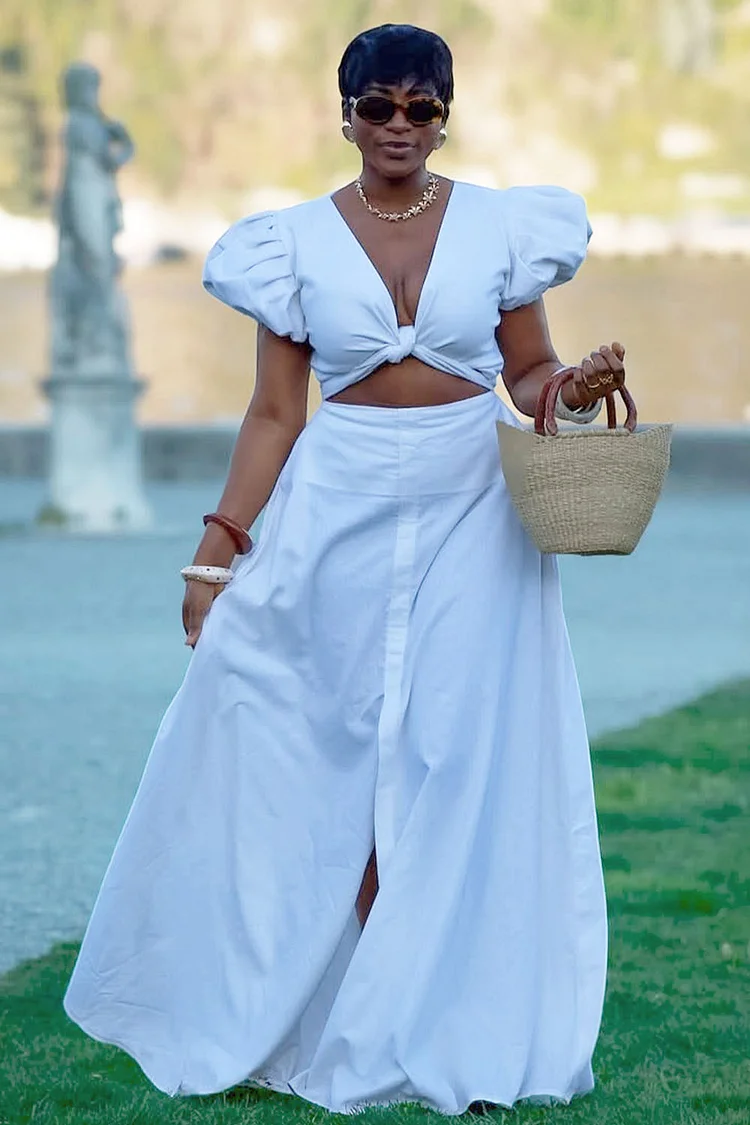 Puff Sleeve Twisted V Neck Top Slit Maxi Skirt 2pcs Set-White [Pre Order]
