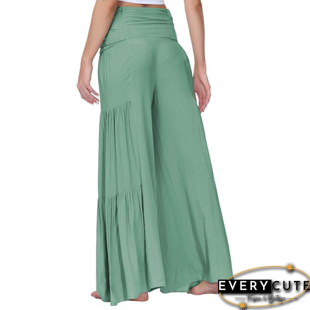 Green Smocked High Waist Palazzo Pants with Tie