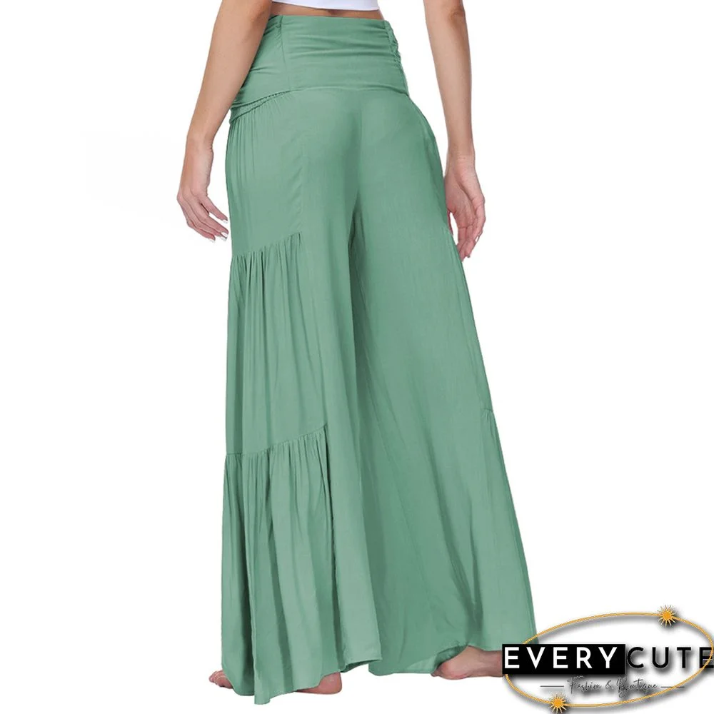 Green Smocked High Waist Palazzo Pants with Tie