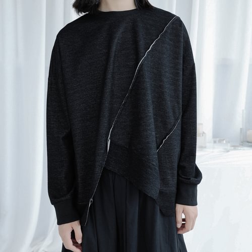 Dawfashion-Abstinence System Irregular Hem Design Loose Round Neck Pullover Sweater-Yamamoto Diablo Clothing