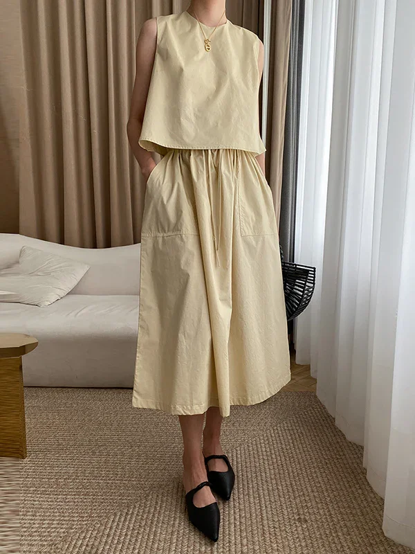 Loose Solid Color Round-Neck Vest + High Waisted  Skirt Two Pieces Set