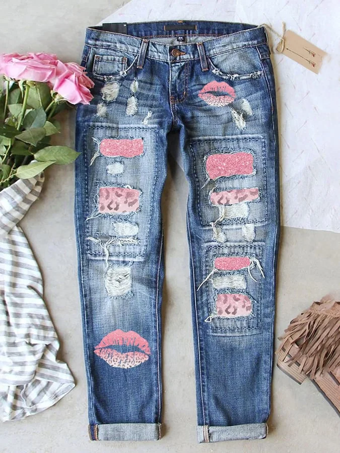 Women's Gradient Leopard Lip Print Casual Jeans