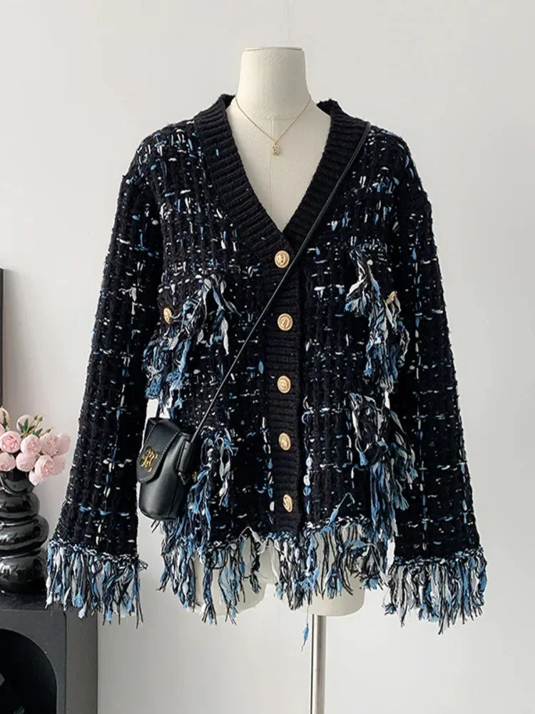 Huiketi Temperament Korean Fashion Knitted Tassel Edge Thickened Mixed Color Cardigan Jacket Women's Small Fragrant Sweater Knitted Coat