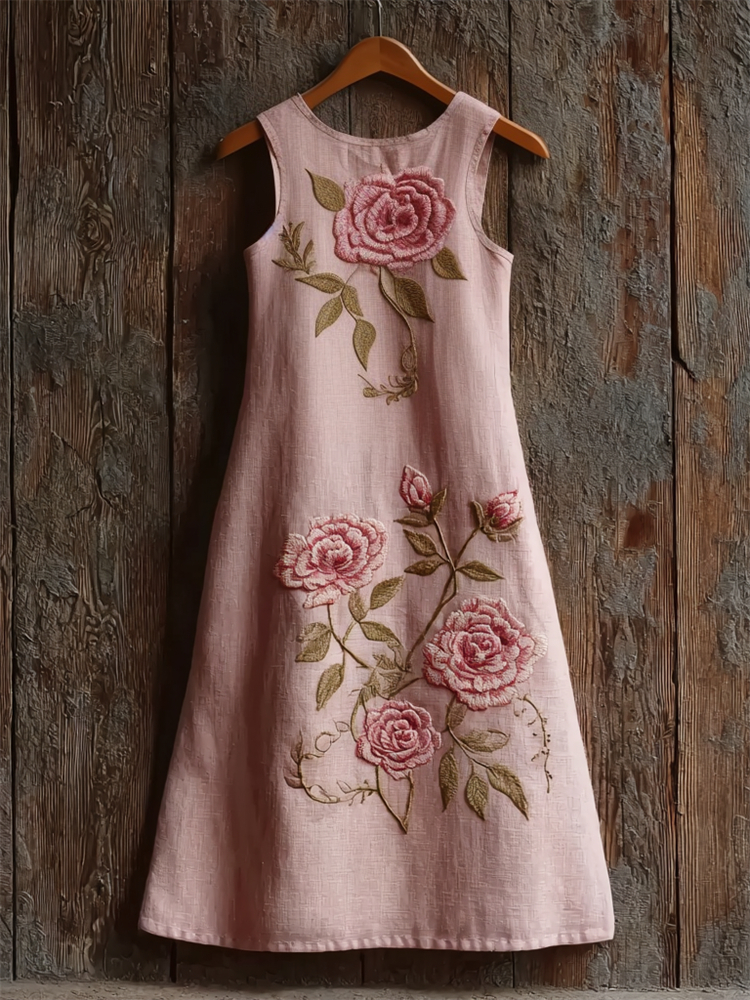 Classy Pink Roses Art Linen Tank Dress wearshes