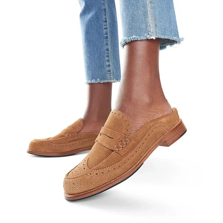 Khaki Vegan Suede Vintage Shoes Round Toe Low Heel Mule Loafers |FSJ Shoes