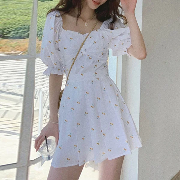 Summer Women's Sexy Low-Cut Puff Sleeve Floral Print White Mini Dress Plus Size Korean Fashion Short Pleated Dress