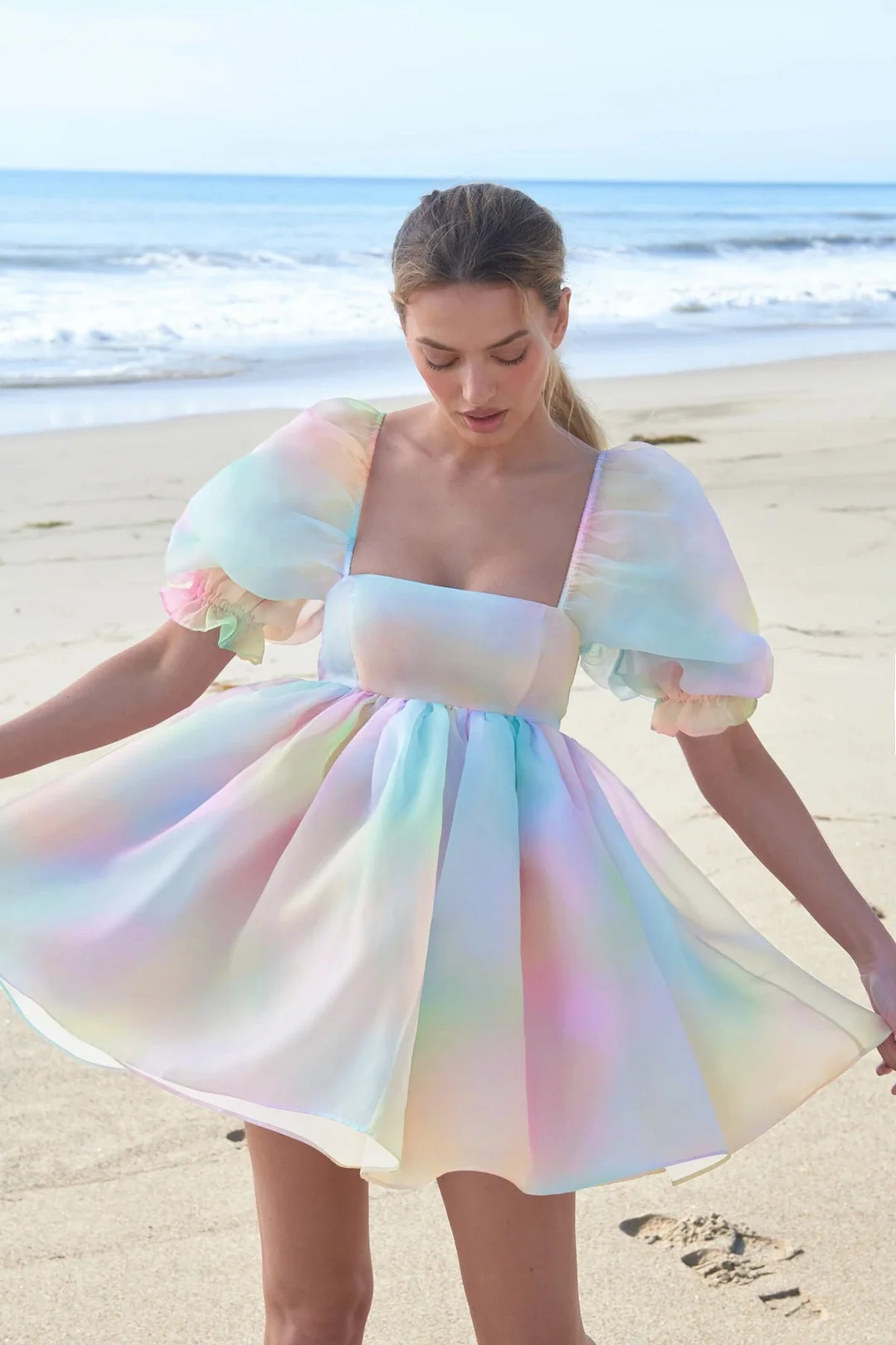 Brownm Printed Square Collar Lantern Short High Waist Sleeve Women's Backless Puffy Dress