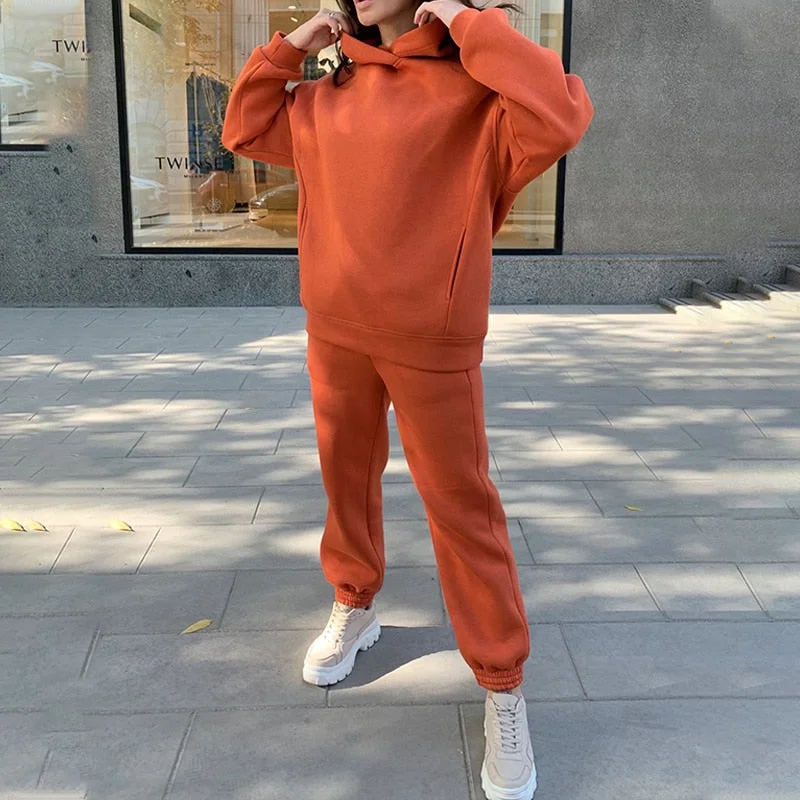 Oversize Heart Printed Fleece Women's Tracksuit Hoodies 2 Piece Set Sweatshirt + Pants Women Sport Suit Winter Sportswear