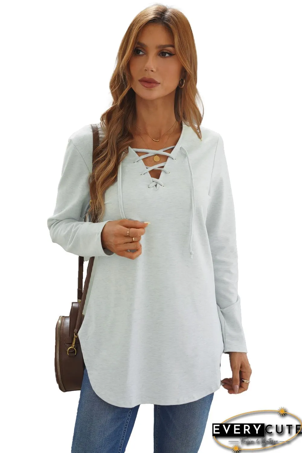 White Lace-Up V-neck Slim Fit Long Sleeve Sweatshirt