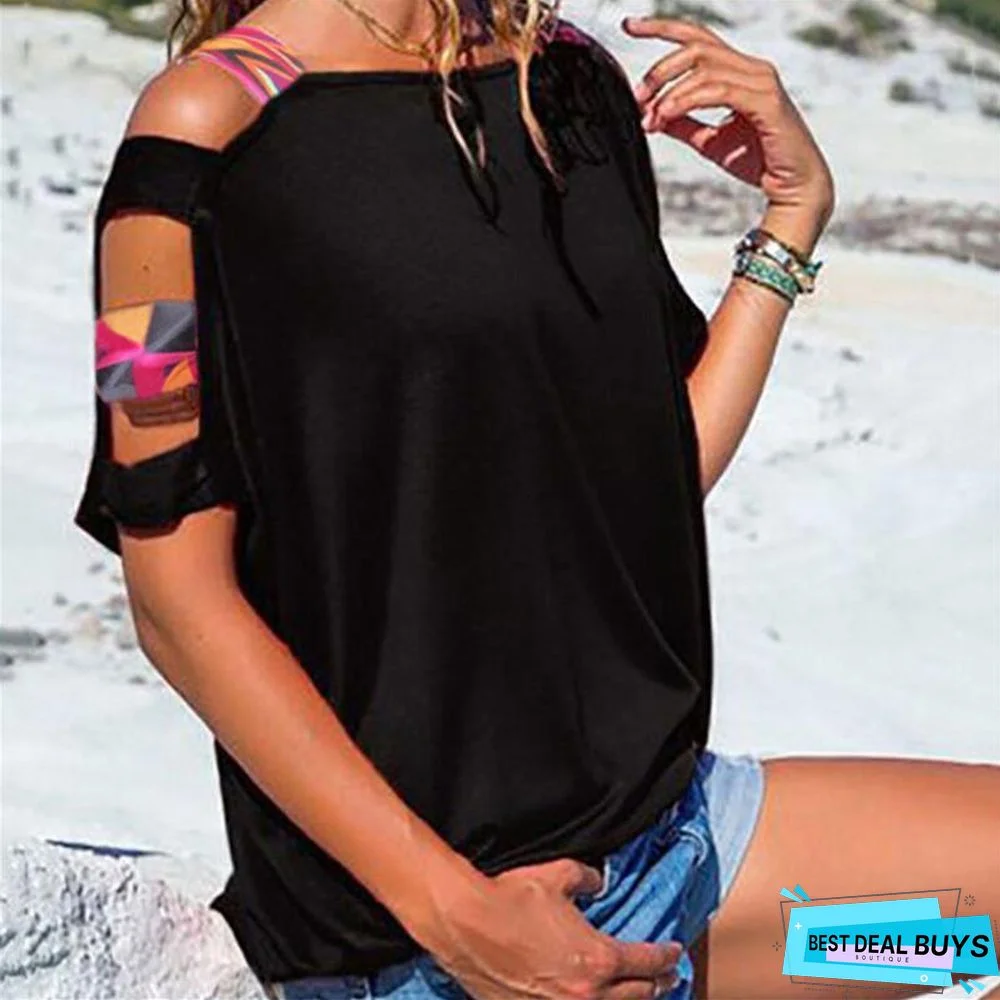Women Bare Shoulder T-Shirt Vintage Boho Print Cold Shoulder Tunic Loose T-Shirt