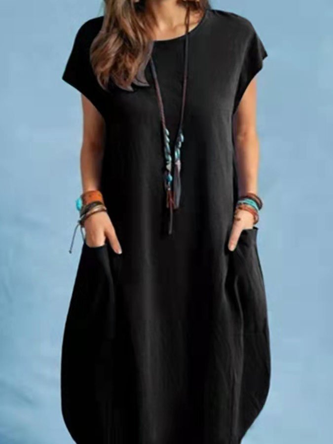 Casual cotton and linen solid color dress