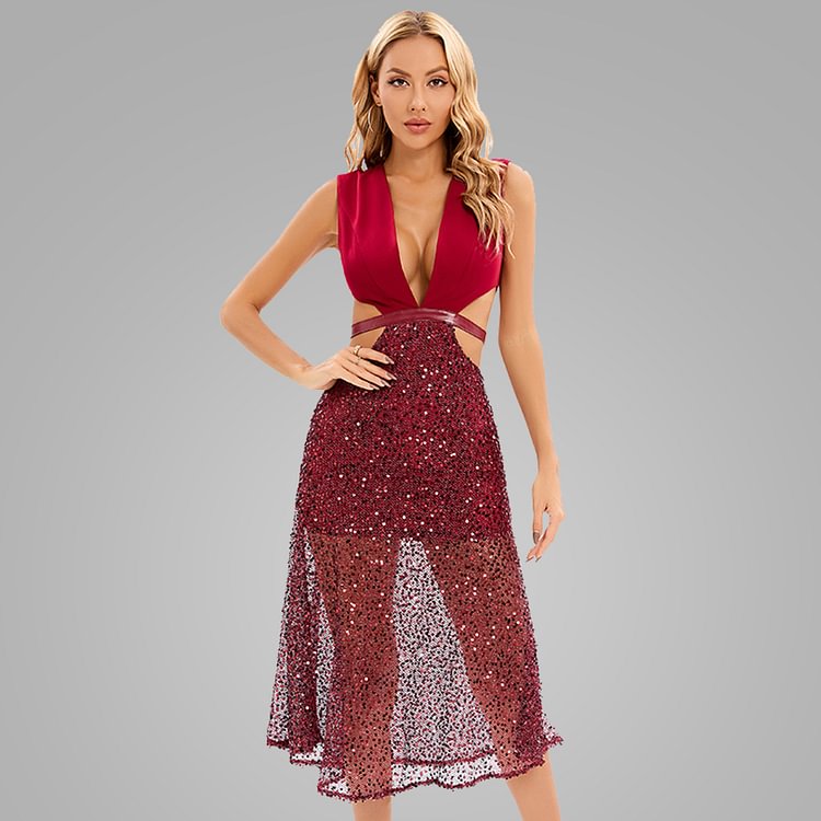 Red Cut Out Sequin Mesh Gown SF650