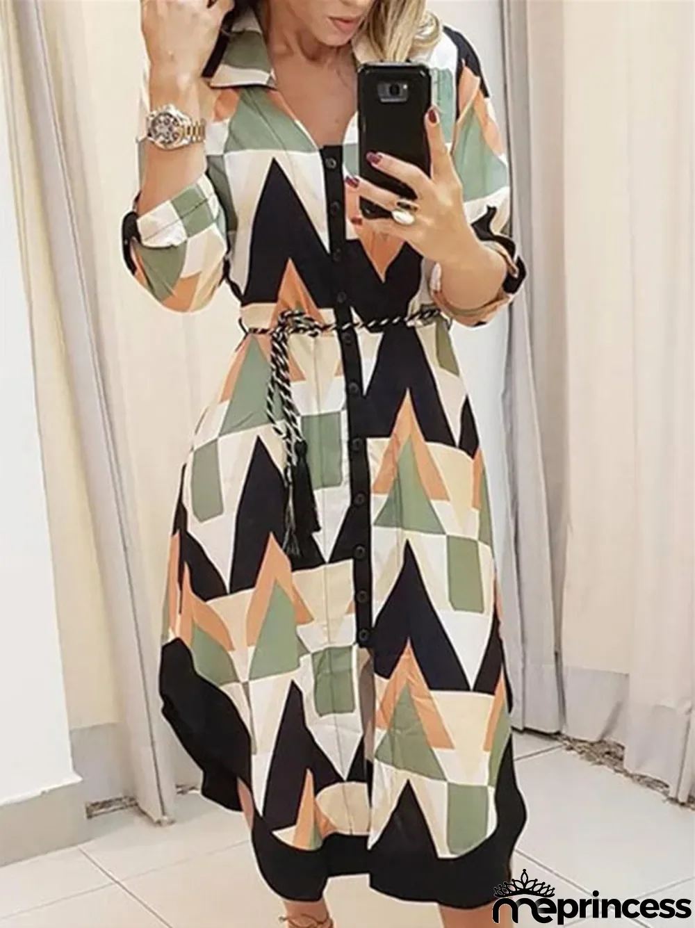 Women Long Sleeve V-neck Graphic Midi Dress