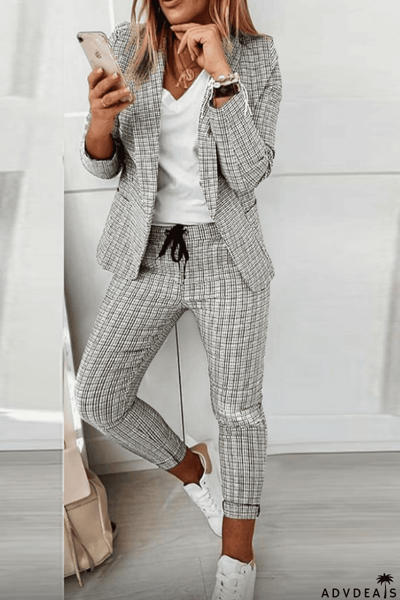 Casual Street Plaid Patchwork Turndown Collar Long Sleeve Two Pieces