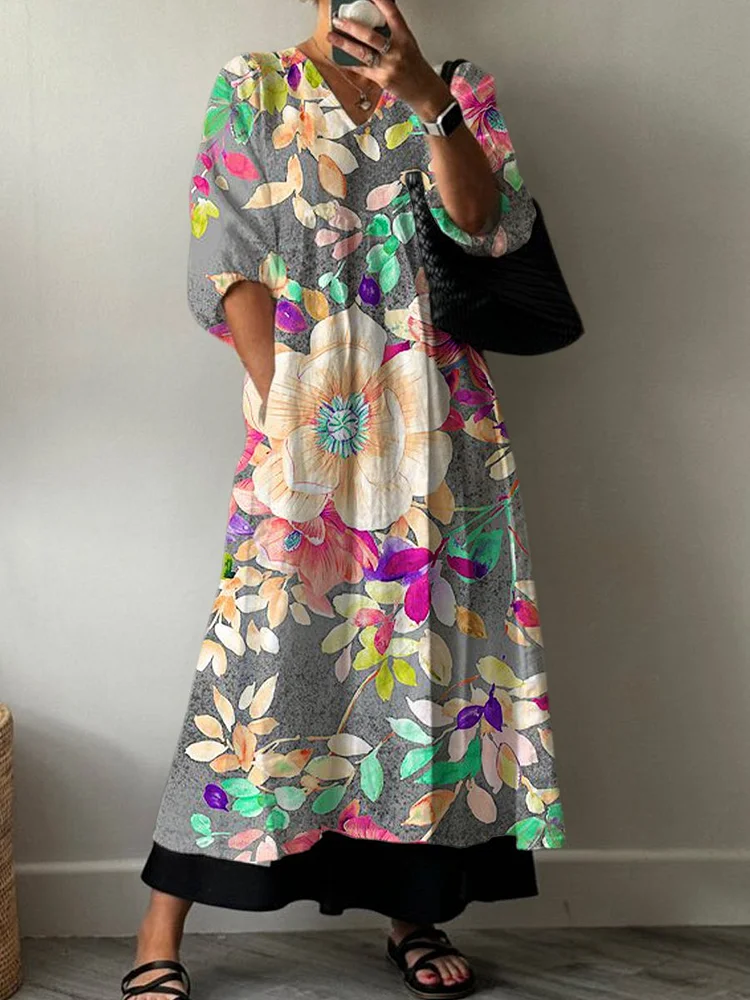 Women's Vintage Colorful Dreamy Flowers Print Pocket V-neck Cotton Dress