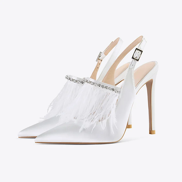 White Satin Slingback Pumps Rhinestone Feather High Heel Bridal Shoes |FSJ Shoes