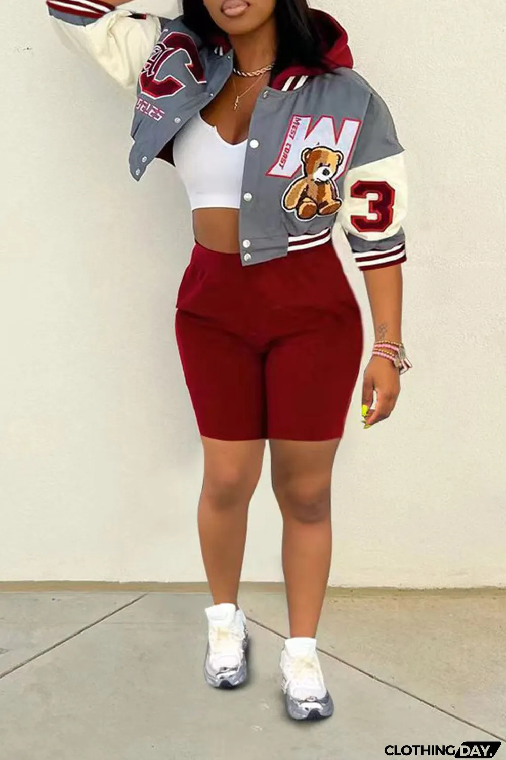 Purple Sexy Print Patchwork Hooded Collar Outerwear